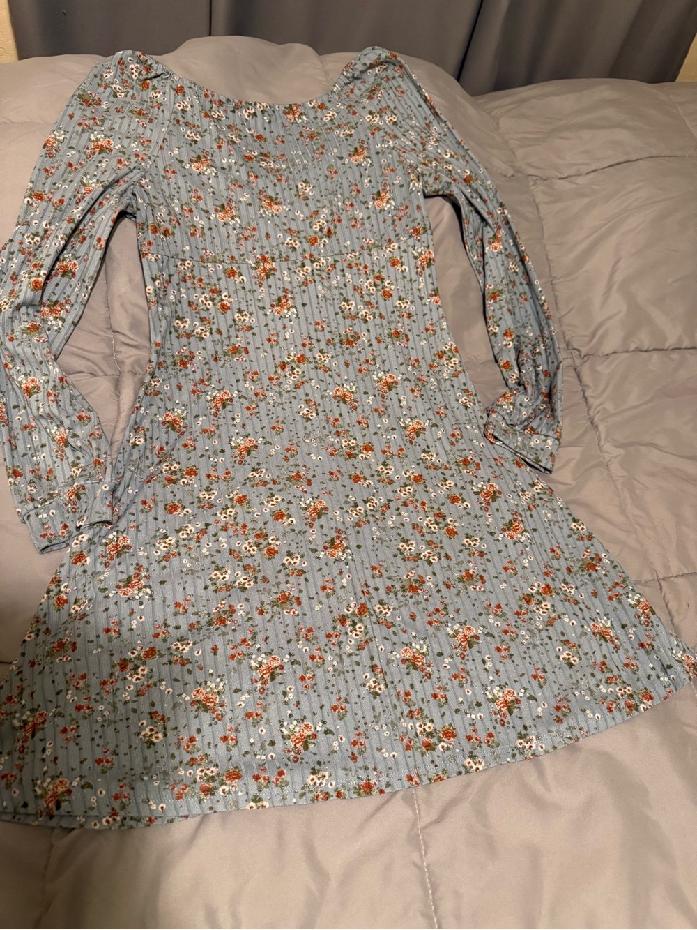 Soft Blue Floral Long-Sleeve Fit-and-Flare Dress - Picture 3 of 3